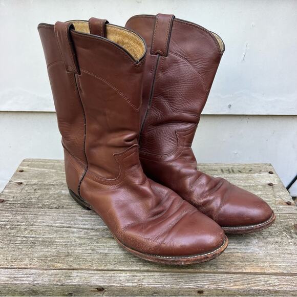 Vintage 80s 90s Justin Brown Roper Pull On Cowboy Boots 8E Style 3404 - Picture 1 of 9